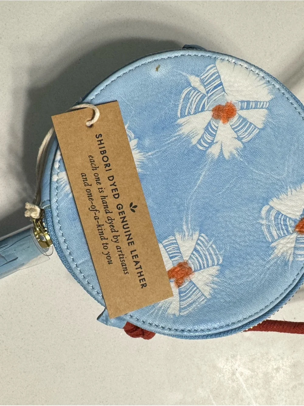 Light Blue Shibori-Dyed Round Crossbody Bag - Genuine Leather
